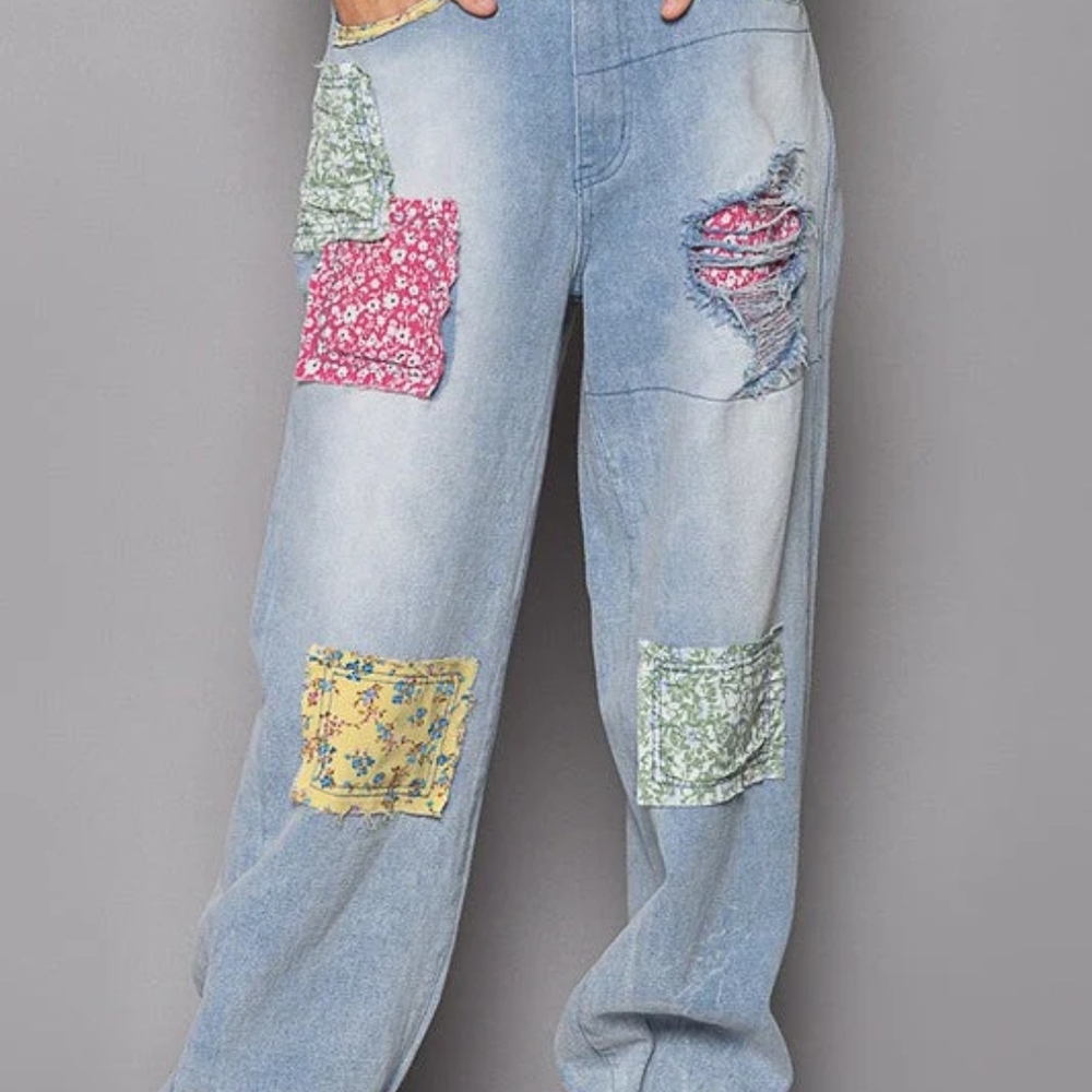 POL Blue and Pink Boyfriend Jeans with Patchwork Design